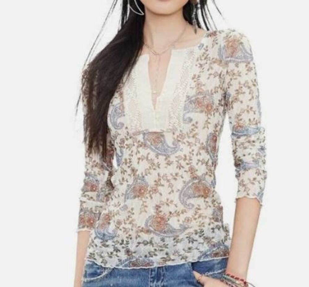 Ralph Lauren Denim & Supply Top Womens Medium Cream Blue Floral Sheer Lace Y2K